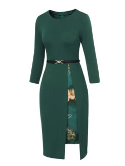 Dark Green 1940s Chinese Style Floral Belt Dress -Candi Clothing Shop SCHL002516 3