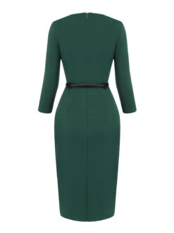 Dark Green 1940s Chinese Style Floral Belt Dress -Candi Clothing Shop SCHL002516 4