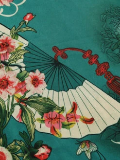 Dark Green 1940s Chinese Style Floral Belt Dress -Candi Clothing Shop SCHL002516 6