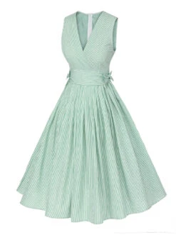 Mint Green 1950s Striped V-Neck Dress -Candi Clothing Shop SCHL002517 2