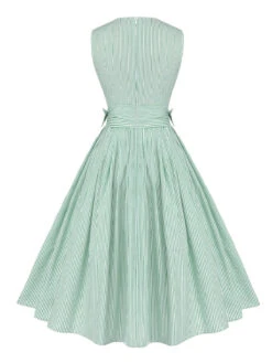 Mint Green 1950s Striped V-Neck Dress -Candi Clothing Shop SCHL002517 3