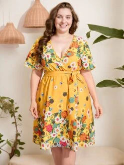 [Plus Size] Yellow 1950s V-Neck Belted Floral Dress -Candi Clothing Shop SCHL002550 2