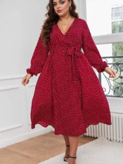 [Plus Size] Red 1940s V-Neck Polka Dot Lace-Up Dress -Candi Clothing Shop SCHL002552 R 2