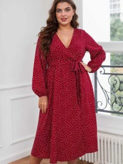 [Plus Size] Red 1940s V-Neck Polka Dot Lace-Up Dress -Candi Clothing Shop SCHL002552 R 3