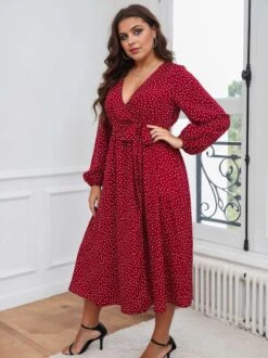 [Plus Size] Red 1940s V-Neck Polka Dot Lace-Up Dress -Candi Clothing Shop SCHL002552 R 5