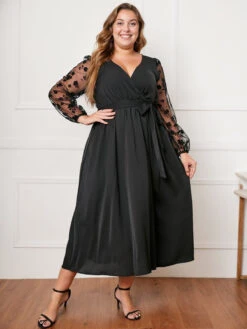 [Plus Size] Black 1950s Floral Mesh Sleeves Dress -Candi Clothing Shop SCHL002557 3