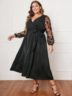 [Plus Size] Black 1950s Floral Mesh Sleeves Dress -Candi Clothing Shop SCHL002557 4