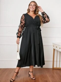 [Plus Size] Black 1950s Floral Mesh Sleeves Dress -Candi Clothing Shop SCHL002557 5