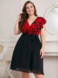 [Plus Size] Black 1950s Red Floral Ruffle Sleeved Dress -Candi Clothing Shop SCHL002568 3