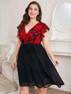 [Plus Size] Black 1950s Red Floral Ruffle Sleeved Dress -Candi Clothing Shop SCHL002568 4