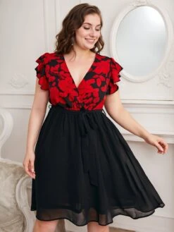 [Plus Size] Black 1950s Red Floral Ruffle Sleeved Dress -Candi Clothing Shop SCHL002568 5