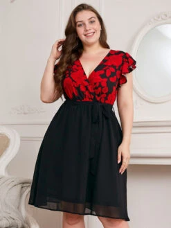 [Plus Size] Black 1950s Red Floral Ruffle Sleeved Dress -Candi Clothing Shop SCHL002568 6