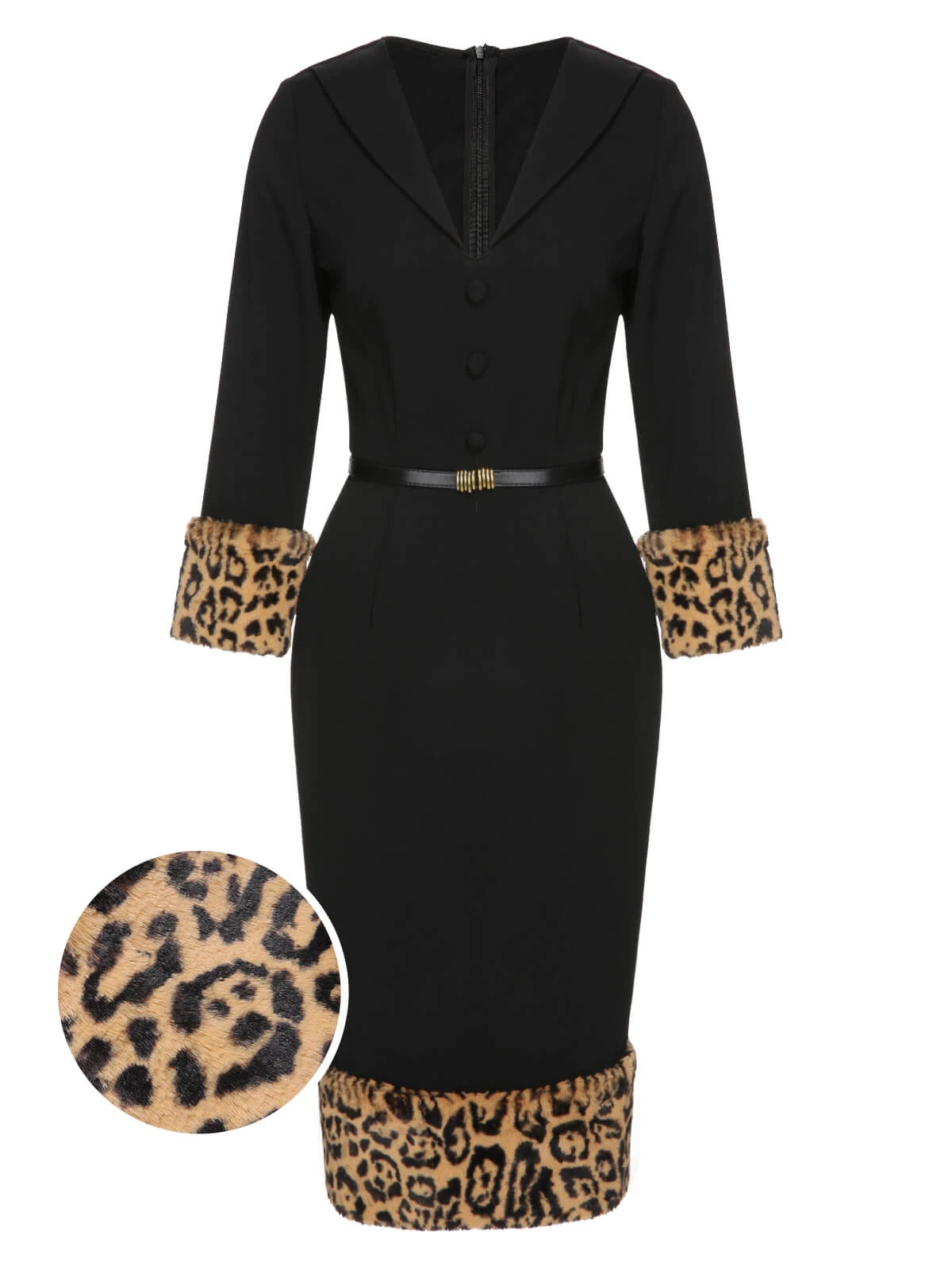 Black 1960s Leopard Plush V-Neck Pencil Dress 2 Black 1960s Leopard Plush V-Neck Pencil Dress - Image 2