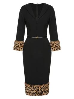 Black 1960s Leopard Plush V-Neck Pencil Dress 10 Black 1960s Leopard Plush V-Neck Pencil Dress -Candi Clothing Shop SCHL002576 1
