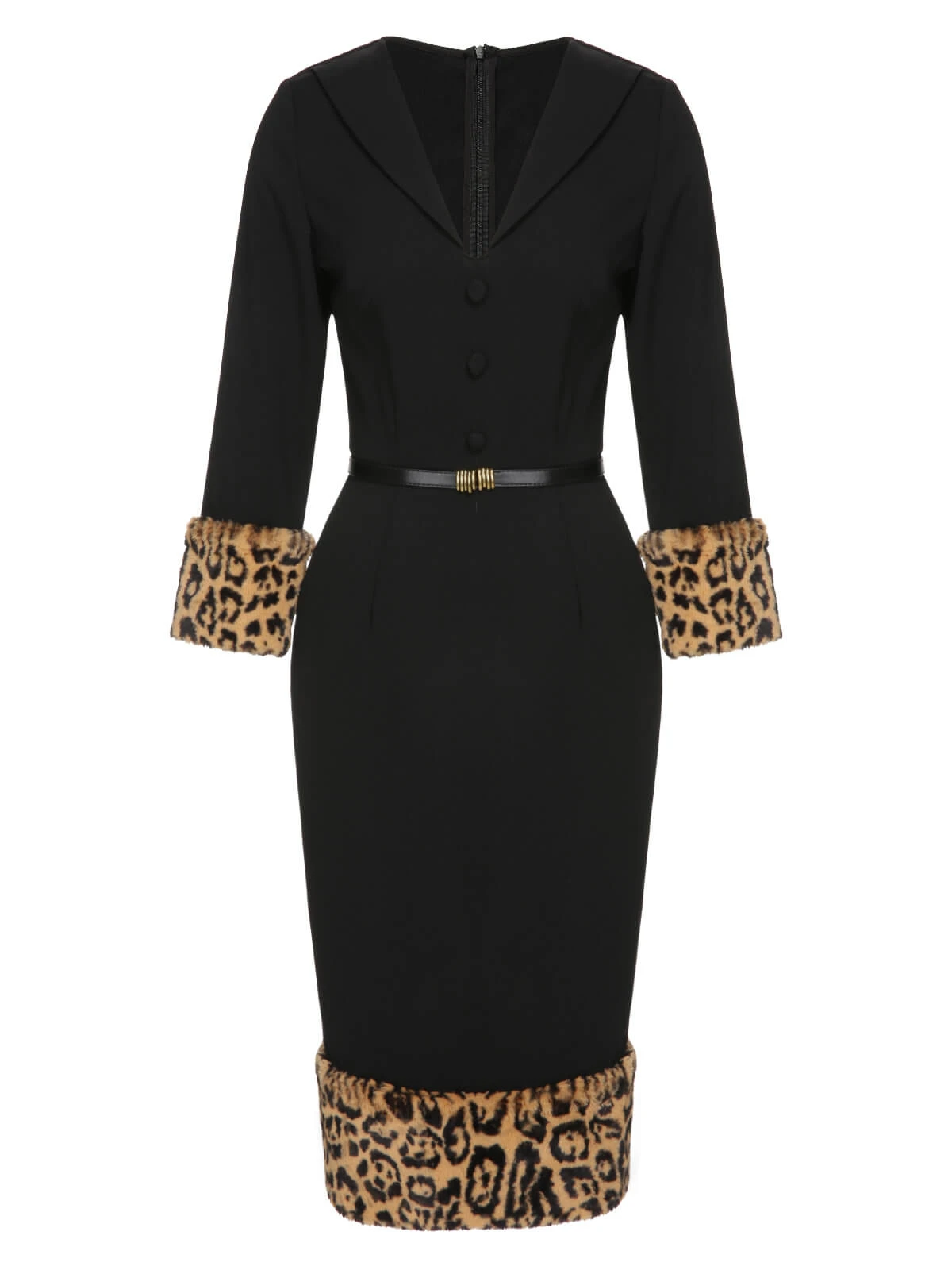 Black 1960s Leopard Plush V-Neck Pencil Dress 3 Black 1960s Leopard Plush V-Neck Pencil Dress - Image 3