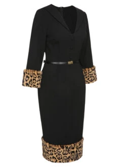 Black 1960s Leopard Plush V-Neck Pencil Dress 11 Black 1960s Leopard Plush V-Neck Pencil Dress -Candi Clothing Shop SCHL002576 2