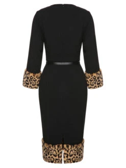 Black 1960s Leopard Plush V-Neck Pencil Dress 12 Black 1960s Leopard Plush V-Neck Pencil Dress -Candi Clothing Shop SCHL002576 3