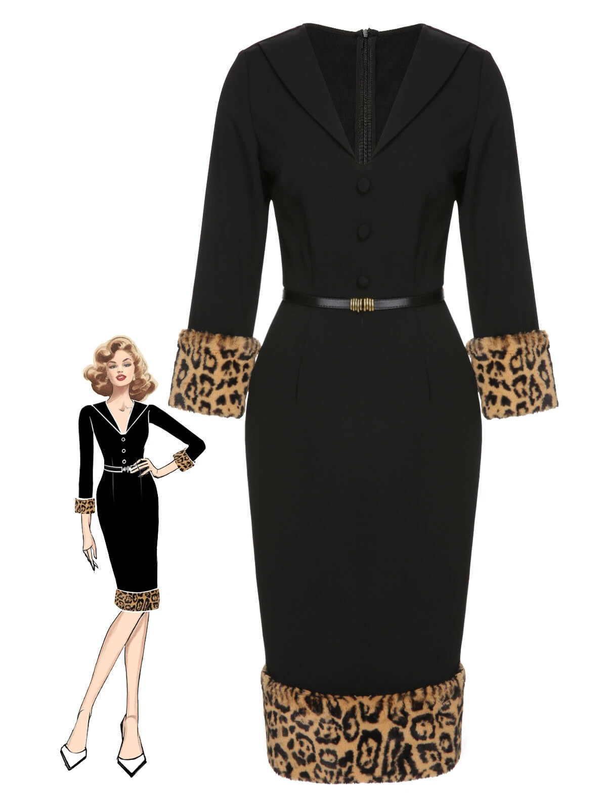 Black 1960s Leopard Plush V-Neck Pencil Dress 1 Black 1960s Leopard Plush V-Neck Pencil Dress
