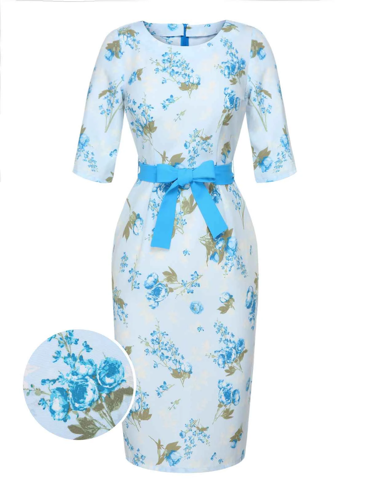 Sky Blue 1960s Floral Belted Pencil Dress 1 Sky Blue 1960s Floral Belted Pencil Dress