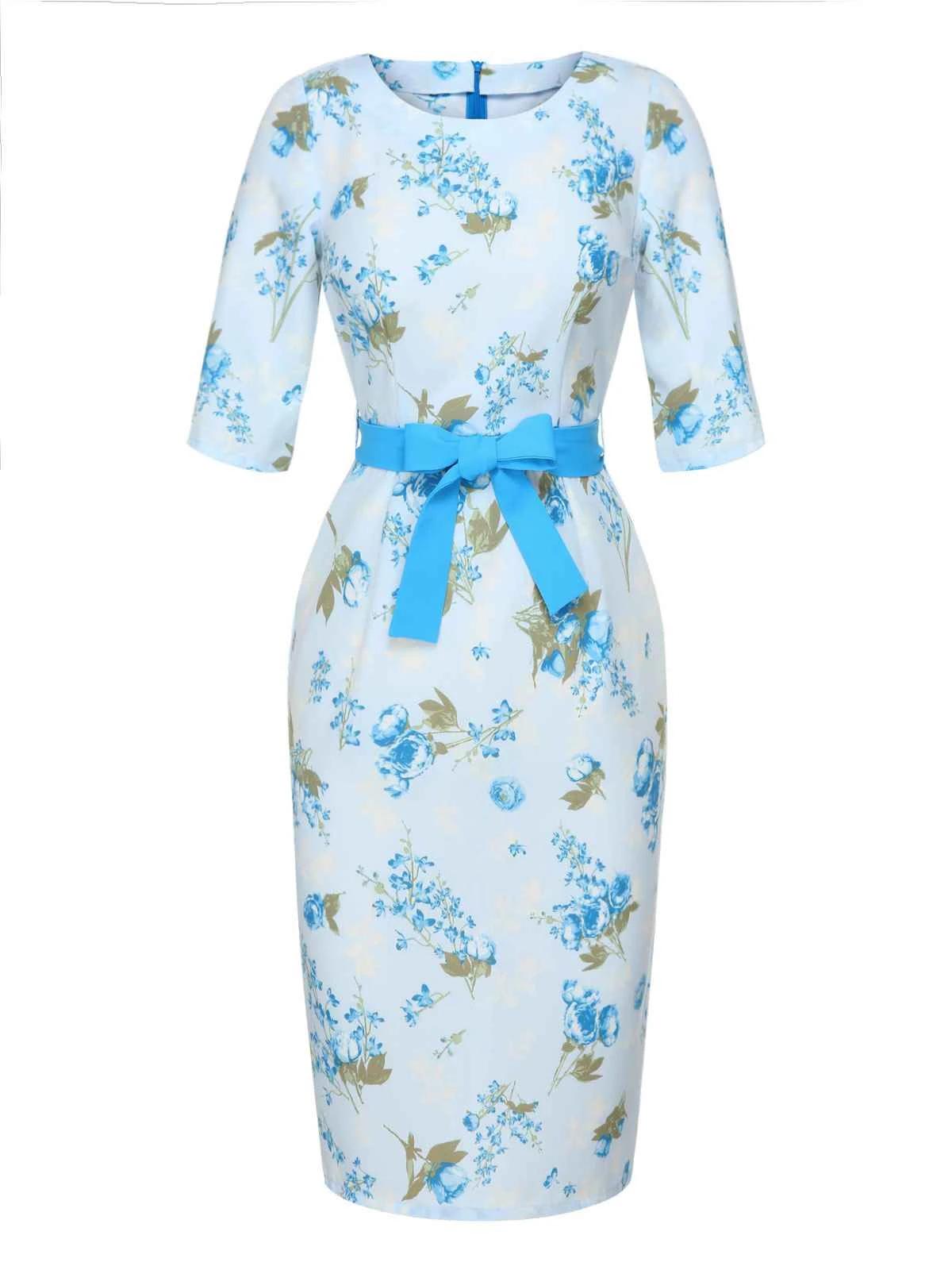 Sky Blue 1960s Floral Belted Pencil Dress 2 Sky Blue 1960s Floral Belted Pencil Dress - Image 2