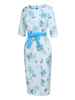 Sky Blue 1960s Floral Belted Pencil Dress 9 Sky Blue 1960s Floral Belted Pencil Dress -Candi Clothing Shop SCHL002633 2 compressed