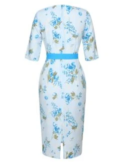 Sky Blue 1960s Floral Belted Pencil Dress 10 Sky Blue 1960s Floral Belted Pencil Dress -Candi Clothing Shop SCHL002633 3 compressed