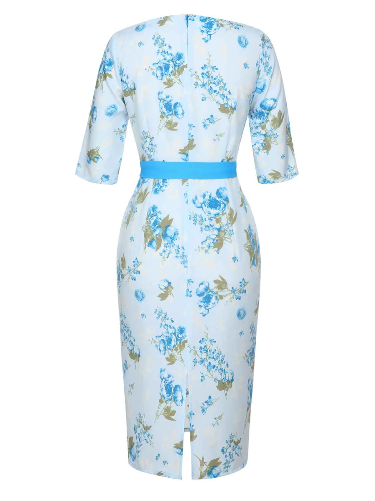 Sky Blue 1960s Floral Belted Pencil Dress 4 Sky Blue 1960s Floral Belted Pencil Dress - Image 4