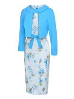 2PCS Sky Blue 1960s Lapel Coat & Floral Pencil Dress 11 2PCS Sky Blue 1960s Lapel Coat & Floral Pencil Dress -Candi Clothing Shop SCHL002634 SCHL002633 2 compressed
