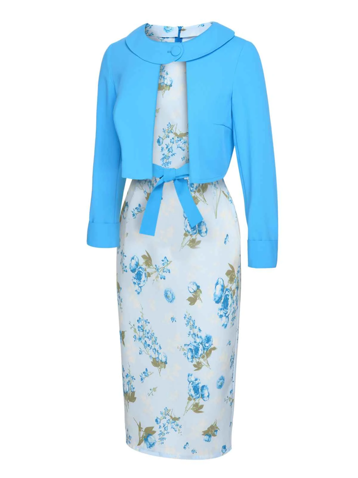 2PCS Sky Blue 1960s Lapel Coat & Floral Pencil Dress 3 2PCS Sky Blue 1960s Lapel Coat & Floral Pencil Dress - Image 3