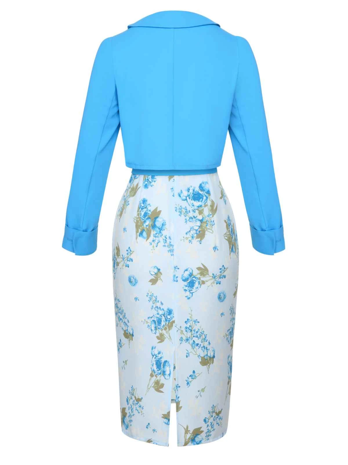 2PCS Sky Blue 1960s Lapel Coat & Floral Pencil Dress 4 2PCS Sky Blue 1960s Lapel Coat & Floral Pencil Dress - Image 4