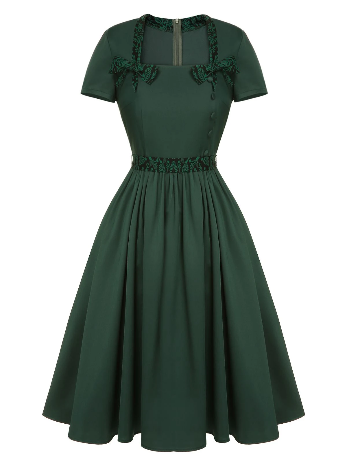 Green 1950s Solid Bow Square Collar Dress 2 Green 1950s Solid Bow Square Collar Dress - Image 2