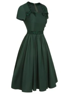 Green 1950s Solid Bow Square Collar Dress 9 Green 1950s Solid Bow Square Collar Dress -Candi Clothing Shop SCHL002640 2