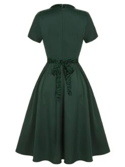 Green 1950s Solid Bow Square Collar Dress 10 Green 1950s Solid Bow Square Collar Dress -Candi Clothing Shop SCHL002640 3