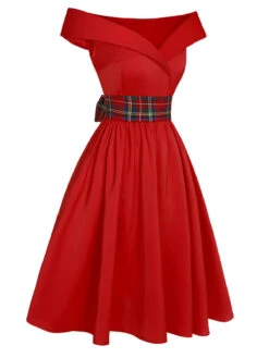 Red 1950s Christmas Plaids Off-Shoulder Dress -Candi Clothing Shop SCHL002641 2