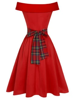 Red 1950s Christmas Plaids Off-Shoulder Dress -Candi Clothing Shop SCHL002641 3