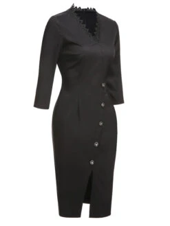 Black 1960s Lace Trim Neckline Pencil Dress 9 Black 1960s Lace Trim Neckline Pencil Dress -Candi Clothing Shop SCHL002644 2