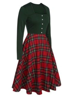Green&Red 1950s Square Neck Plaids Long Sleeve Dress -Candi Clothing Shop SCHL002648 2 compressed