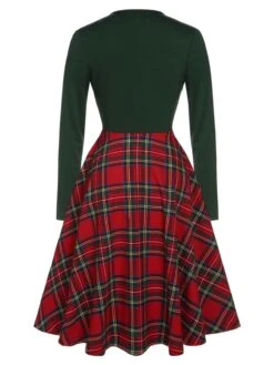 Green&Red 1950s Square Neck Plaids Long Sleeve Dress -Candi Clothing Shop SCHL002648 3 compressed