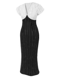 Black&White 1930s Striped Deep V-Neck Patchwork Dress -Candi Clothing Shop SCHL002651 2