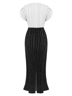Black&White 1930s Striped Deep V-Neck Patchwork Dress -Candi Clothing Shop SCHL002651 3
