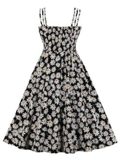 [Plus Size] Black 1950s Spaghetti Strap Daisy Dress -Candi Clothing Shop SCHL002659 2 compressed