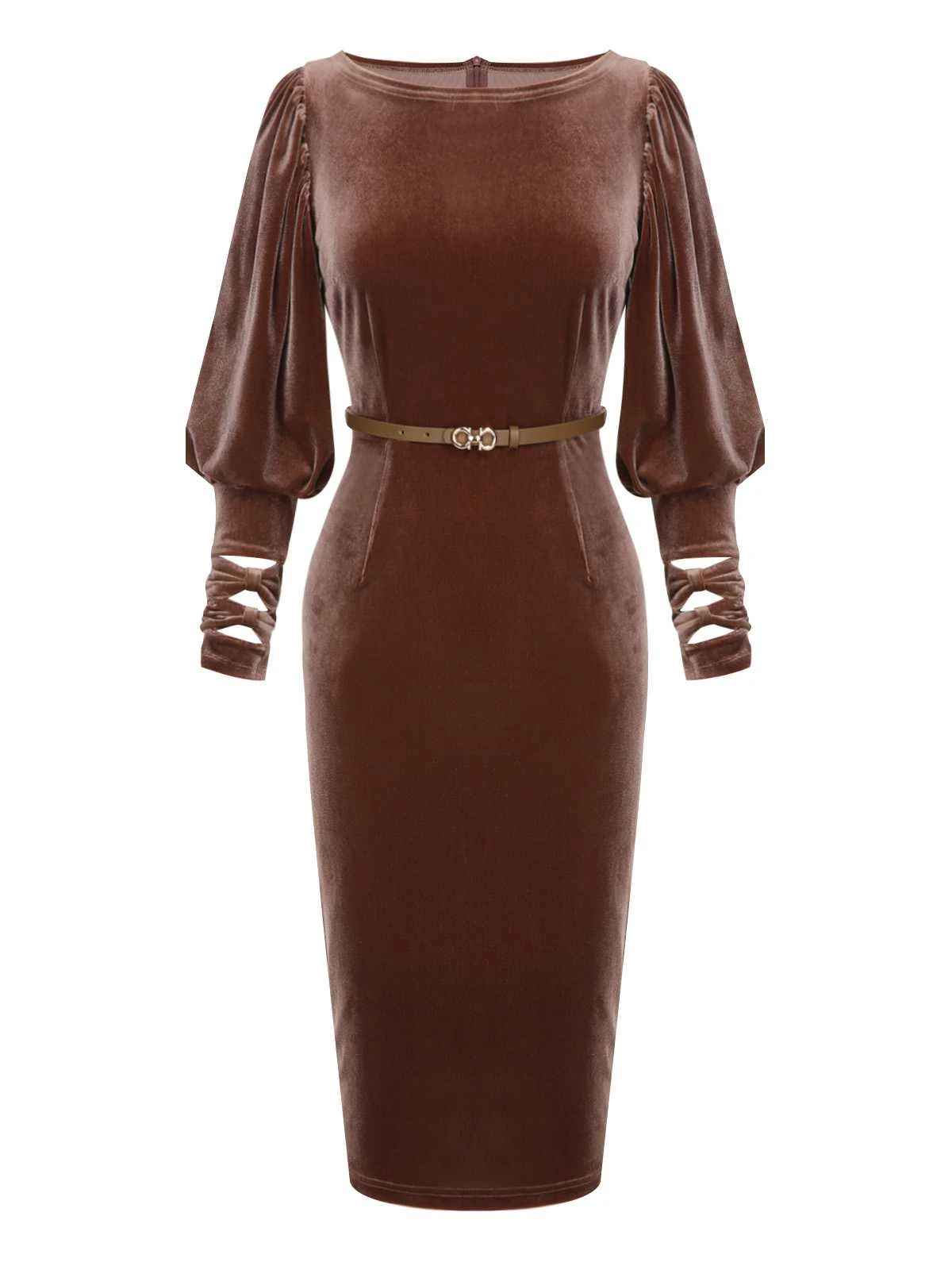 Dark Brown 1960s Puff Sleeve Velvet Belted Dress 2 Dark Brown 1960s Puff Sleeve Velvet Belted Dress - Image 2