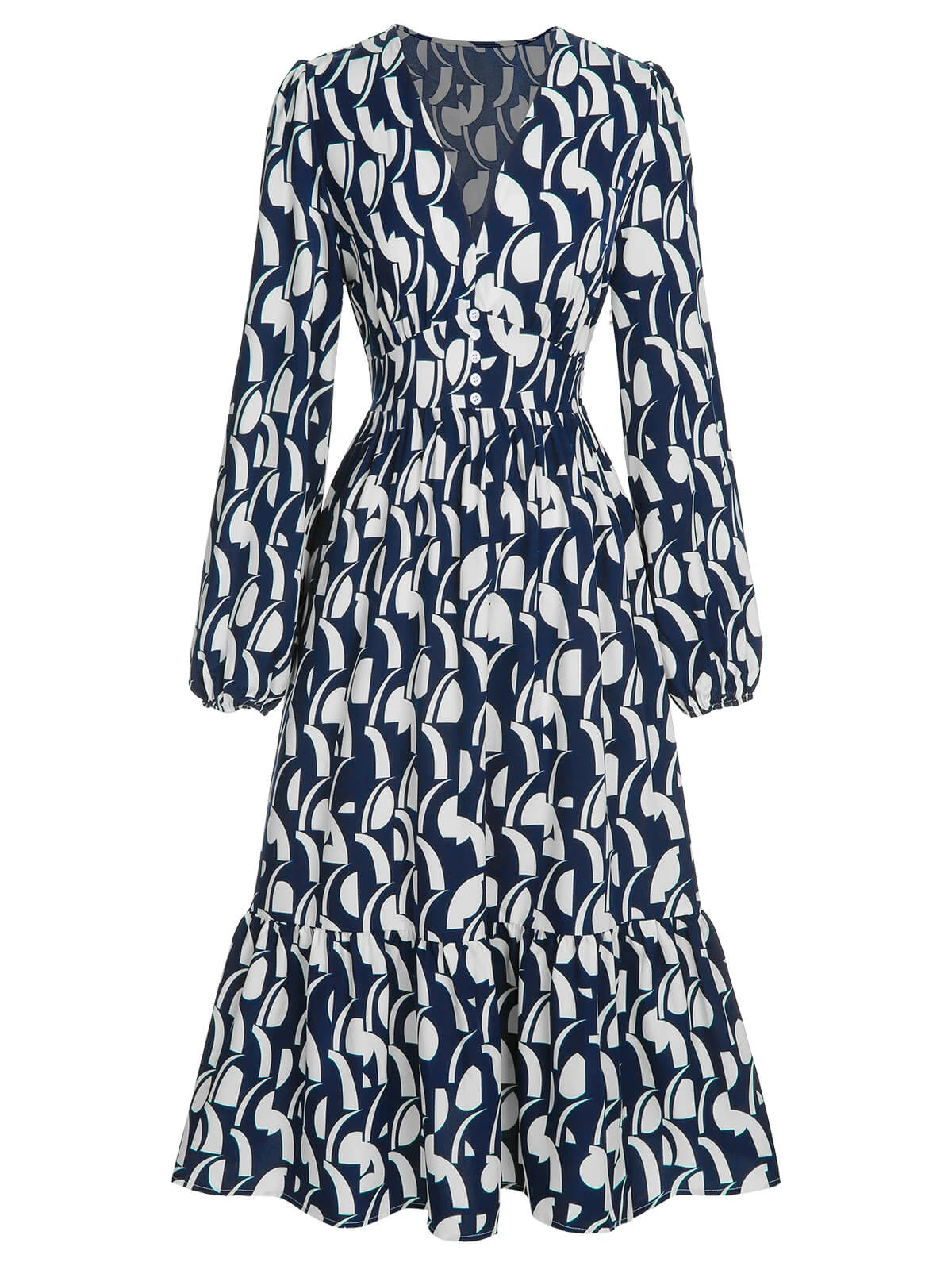 Navy Blue 1930s Geometric Printed V-Neck Dress 2 Navy Blue 1930s Geometric Printed V-Neck Dress - Image 2