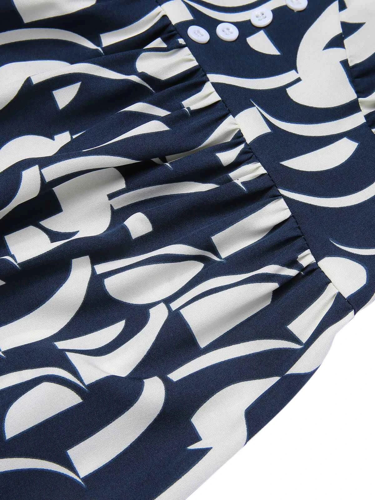 Navy Blue 1930s Geometric Printed V-Neck Dress 6 Navy Blue 1930s Geometric Printed V-Neck Dress - Image 6