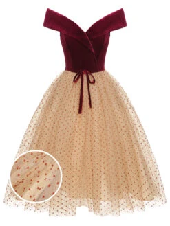 Burgundy 1950s Velvet Mesh Polka Dot Dress