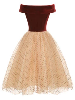 Burgundy 1950s Velvet Mesh Polka Dot Dress -Candi Clothing Shop SCHL002745 3