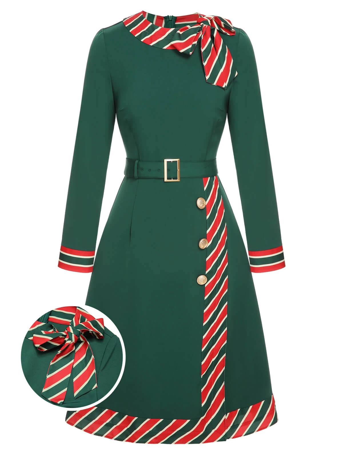 Green 1940s Stripe Patchwork Dress With Belt 1 Green 1940s Stripe Patchwork Dress With Belt