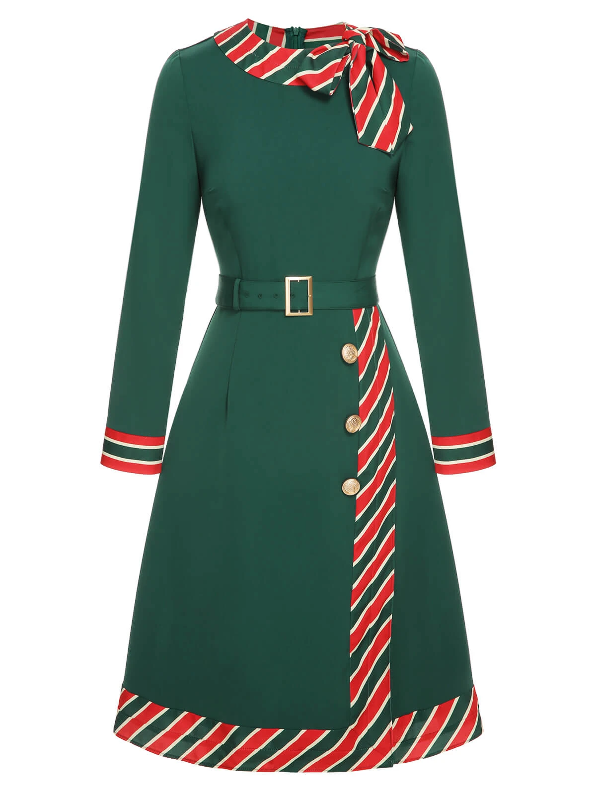 Green 1940s Stripe Patchwork Dress With Belt 2 Green 1940s Stripe Patchwork Dress With Belt - Image 2