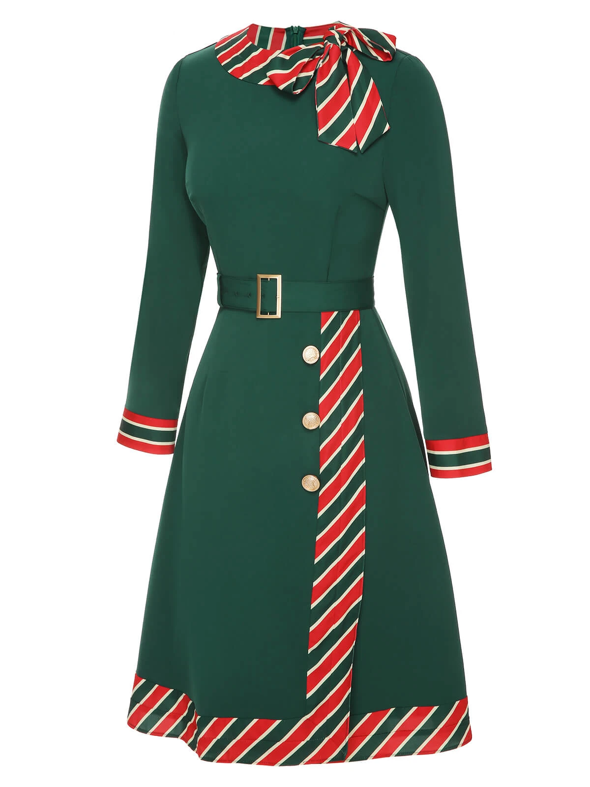 Green 1940s Stripe Patchwork Dress With Belt 3 Green 1940s Stripe Patchwork Dress With Belt - Image 3