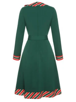 Green 1940s Stripe Patchwork Dress With Belt 10 Green 1940s Stripe Patchwork Dress With Belt -Candi Clothing Shop SCHL002756 3